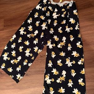 Navy Floral Print Cropped Wide Leg Pants